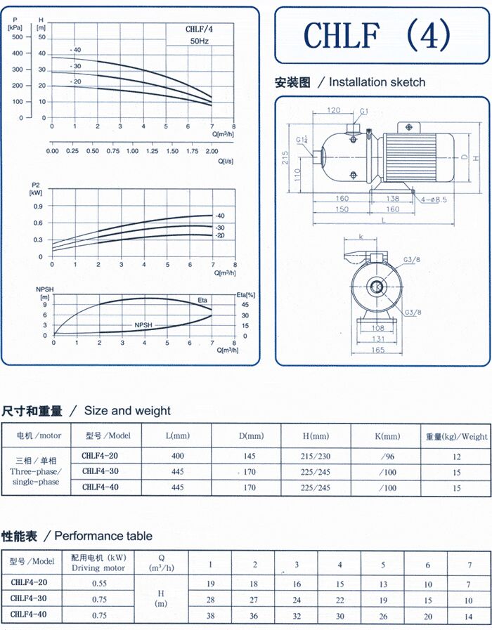 CHLF輕型立式不銹鋼多級(jí)離心泵安裝圖、尺寸、性能