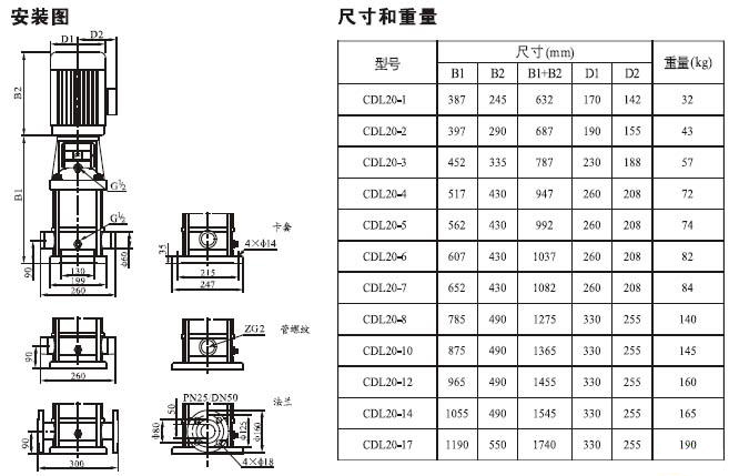 CDL立式多級離心泵安裝尺寸圖 CDL立式多級離心泵安裝尺寸圖